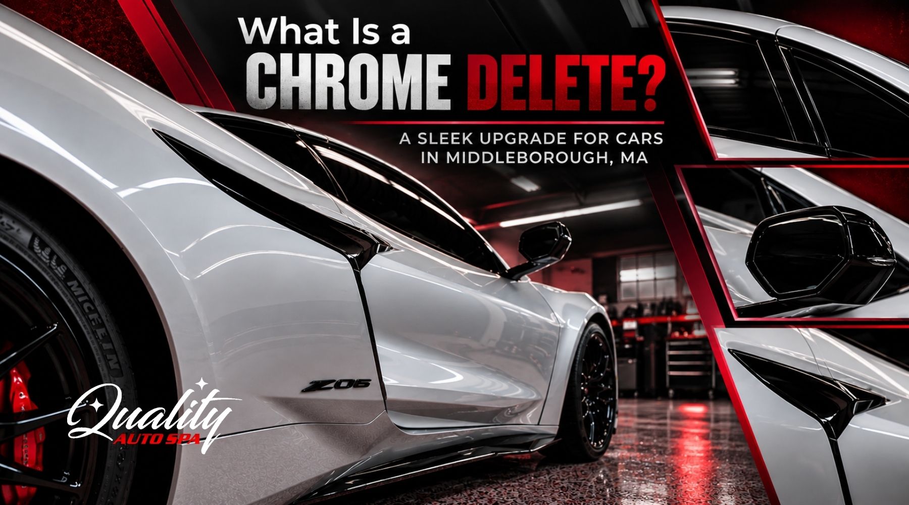White Chevrolet Corvette Z06 with glossy paint finish inside Quality Auto Spa's professional auto detailing facility.