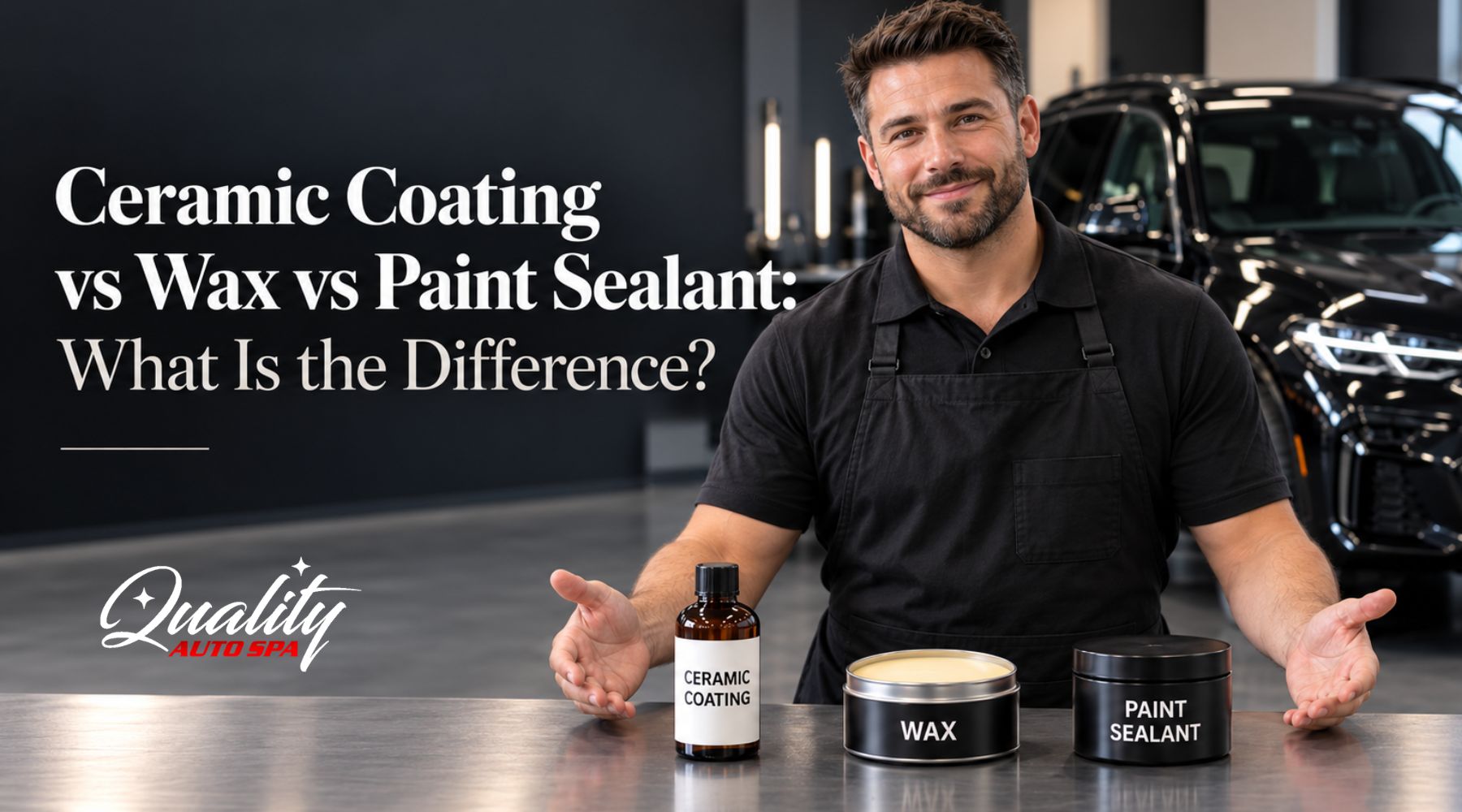 Ceramic coating, wax, and paint sealant comparison with a detailing professional and black SUV.